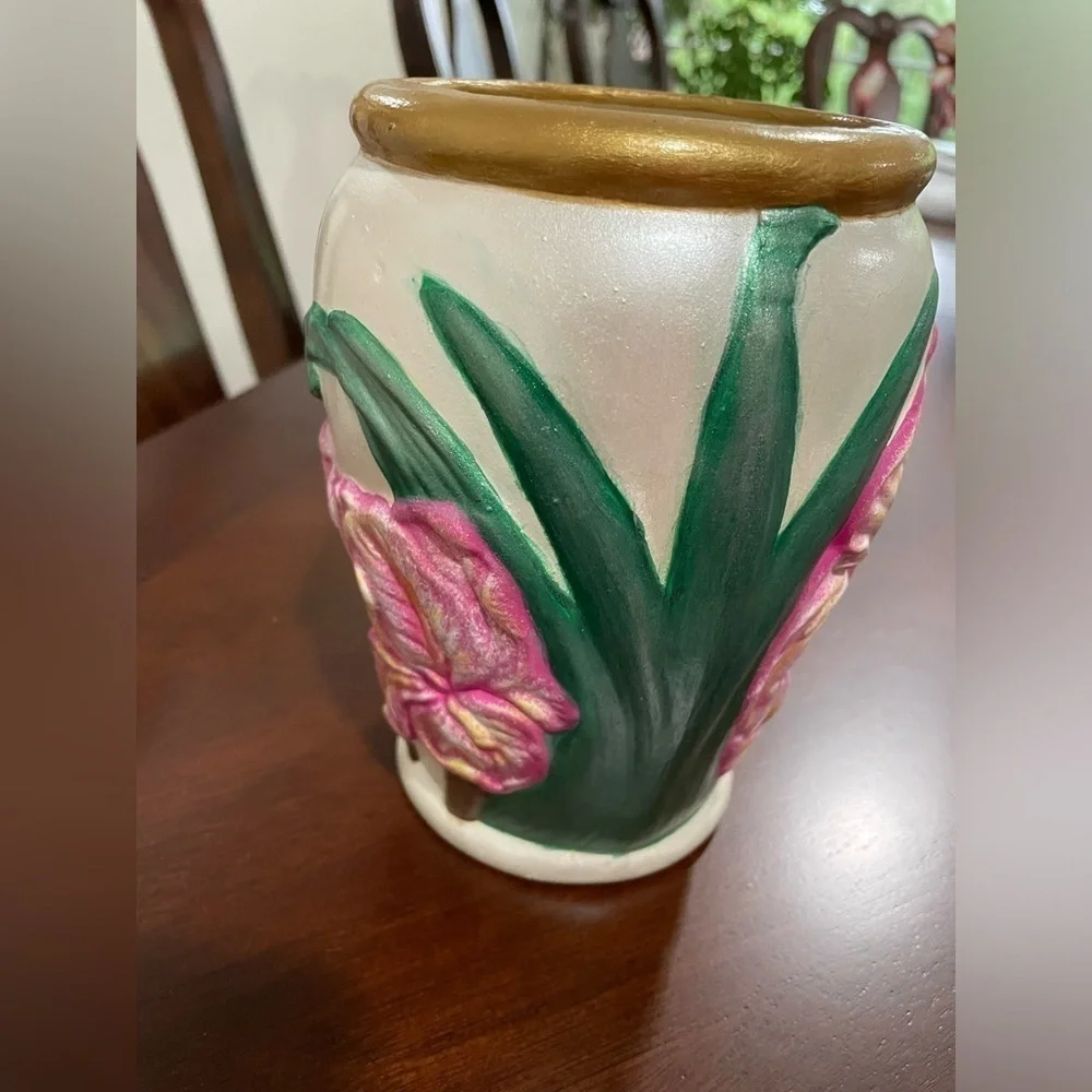 Decorative Ceramic Iris Vase with gold accents 7” tall 12” bottom 13 1/4 top
